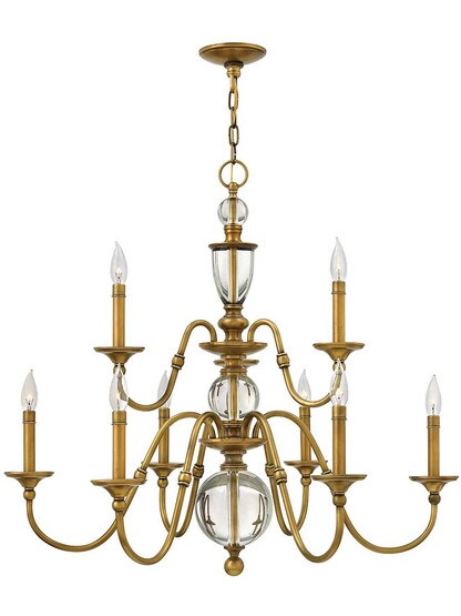 Eleanor Two Tier 9-Light Chandelier in Heritage Brass.